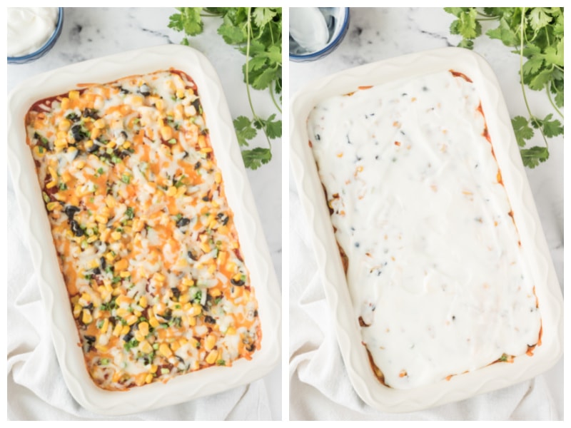 two photos showing baked bean dip and then sour cream spread on top