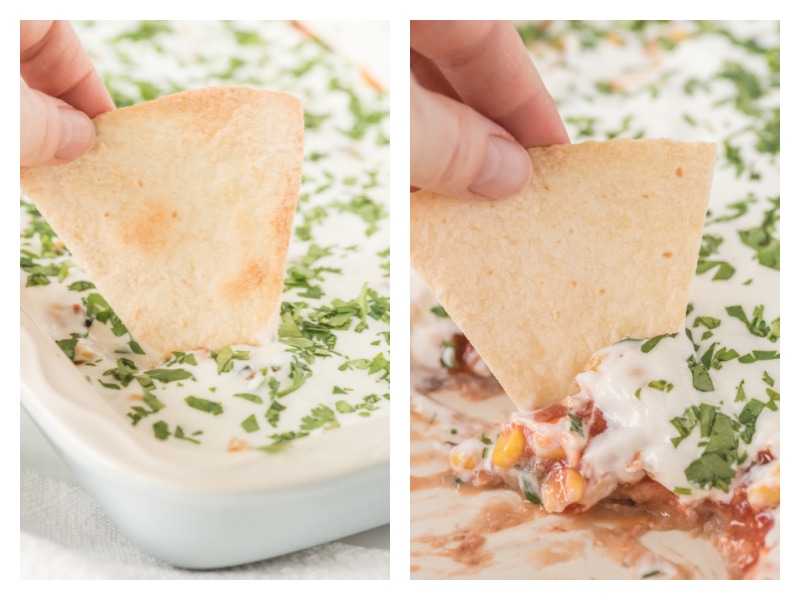 two photos showing dipping tortilla chip into party bean dip