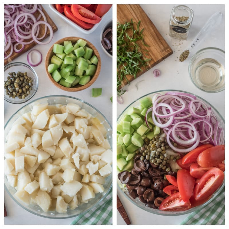 two photos showing process of assembling ingredients for potato salad