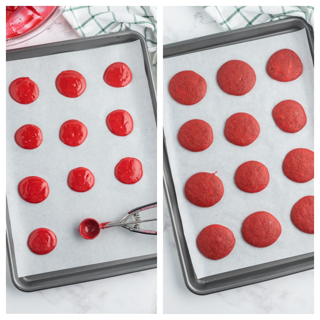 making red velvet cakes for whoopie pies on baking sheet