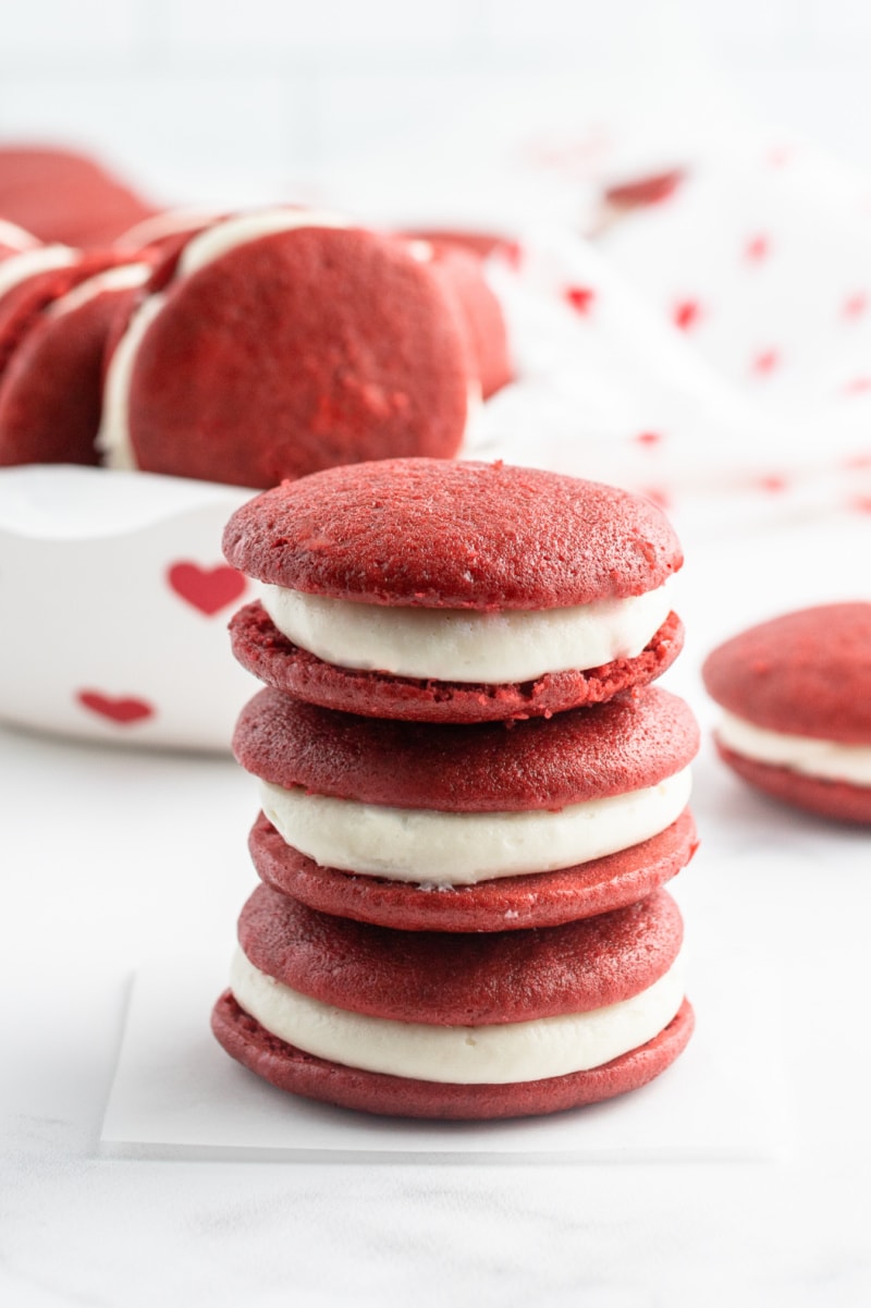 stack of red velvet whoopie pies