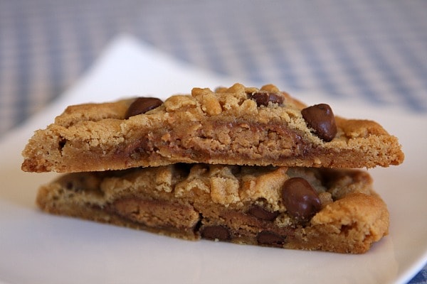 Reeses Stuffed Peanut Butter Chocolate Chip Cookies cut in half