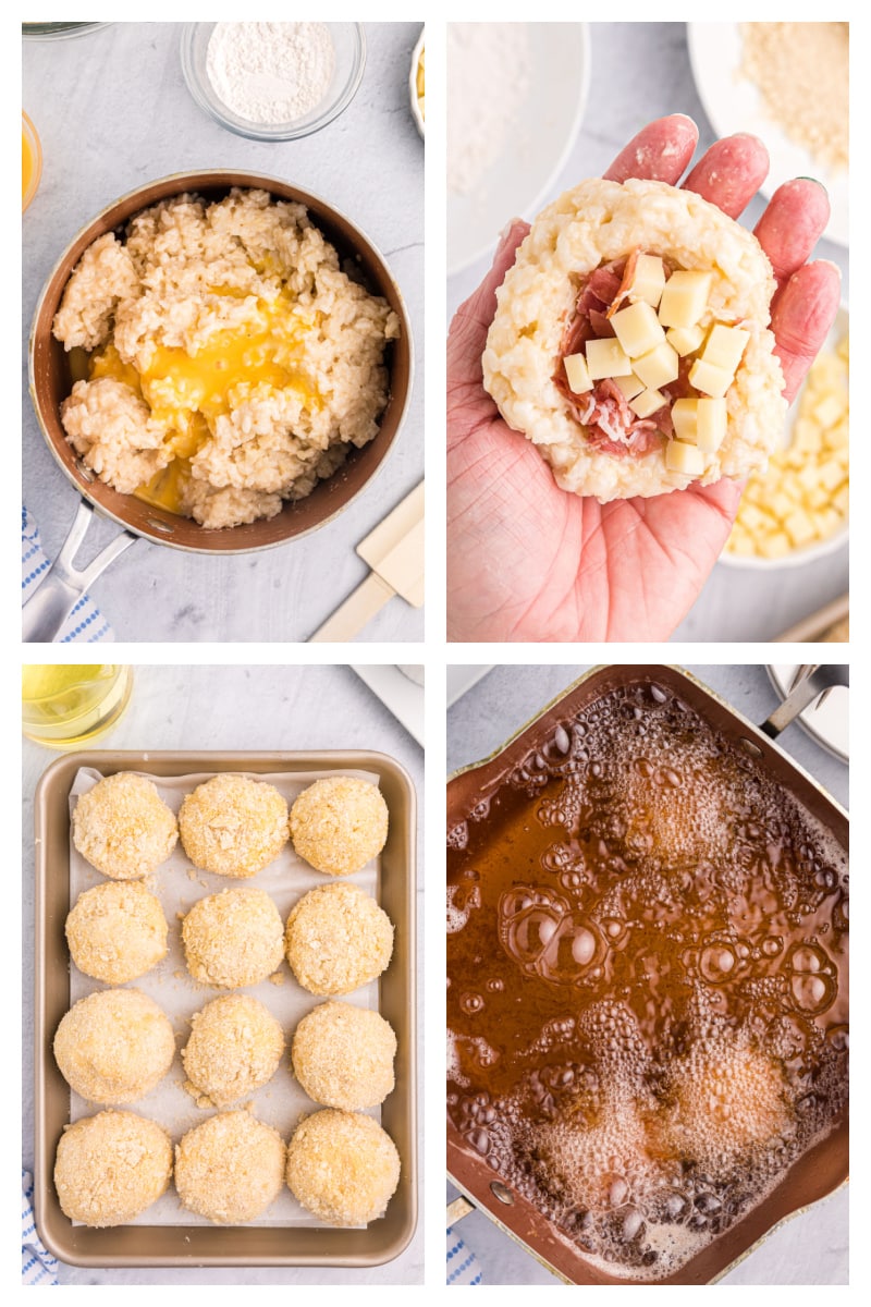 four photos showing making of risotto croquettes