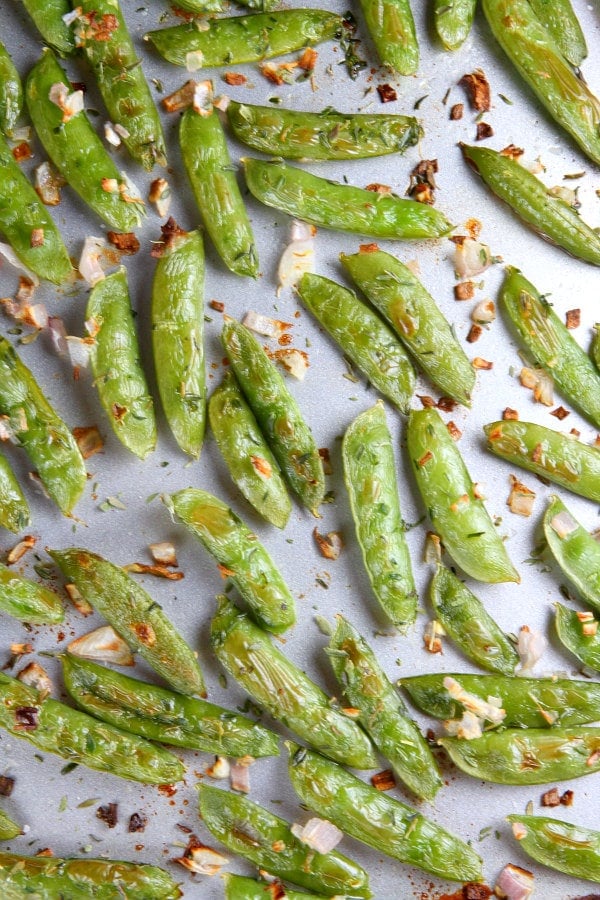Roasted Sugar Snap Peas Roasted Sugar Snap Peas on a baking sheet