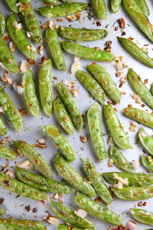 Roasted Sugar Snap Peas on a baking sheet