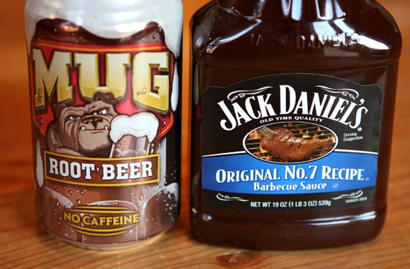 mug root beer can and a bottle of Jack Daniel's barbecue sauce