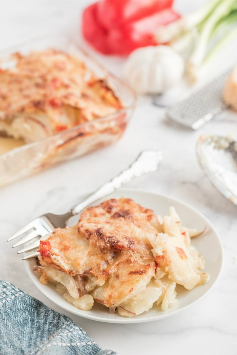 serving of scalloped potatoes on white plate