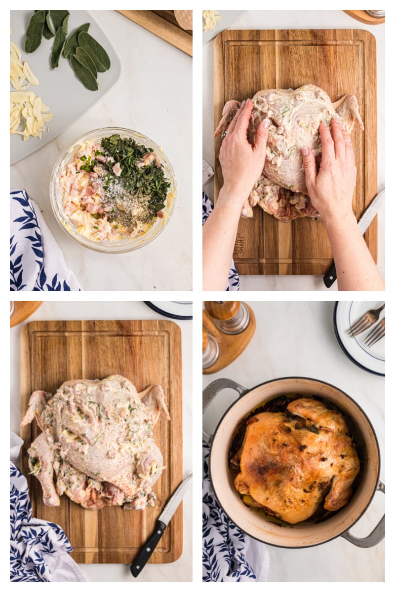 four photos showing how to make bacon butter and then add it to chicken and cook it