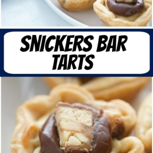 pinterest collage image for snickers bar mini tarts
