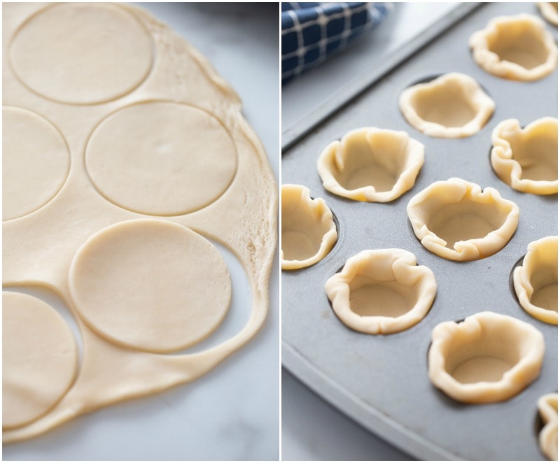 cutting pie dough rounds and putting dough into mini muffin tins