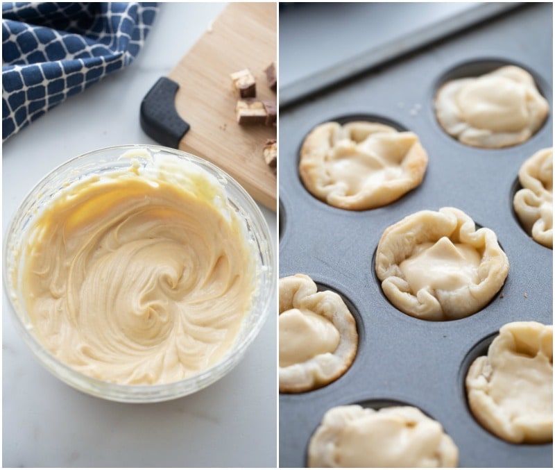 peanut butter filling in bowl and added to pie dough in mini tart pan