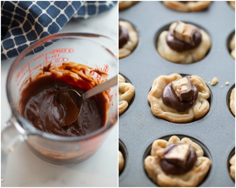 chocolate ganache in bowl and then added to snickers bar tarts in mini muffin tin
