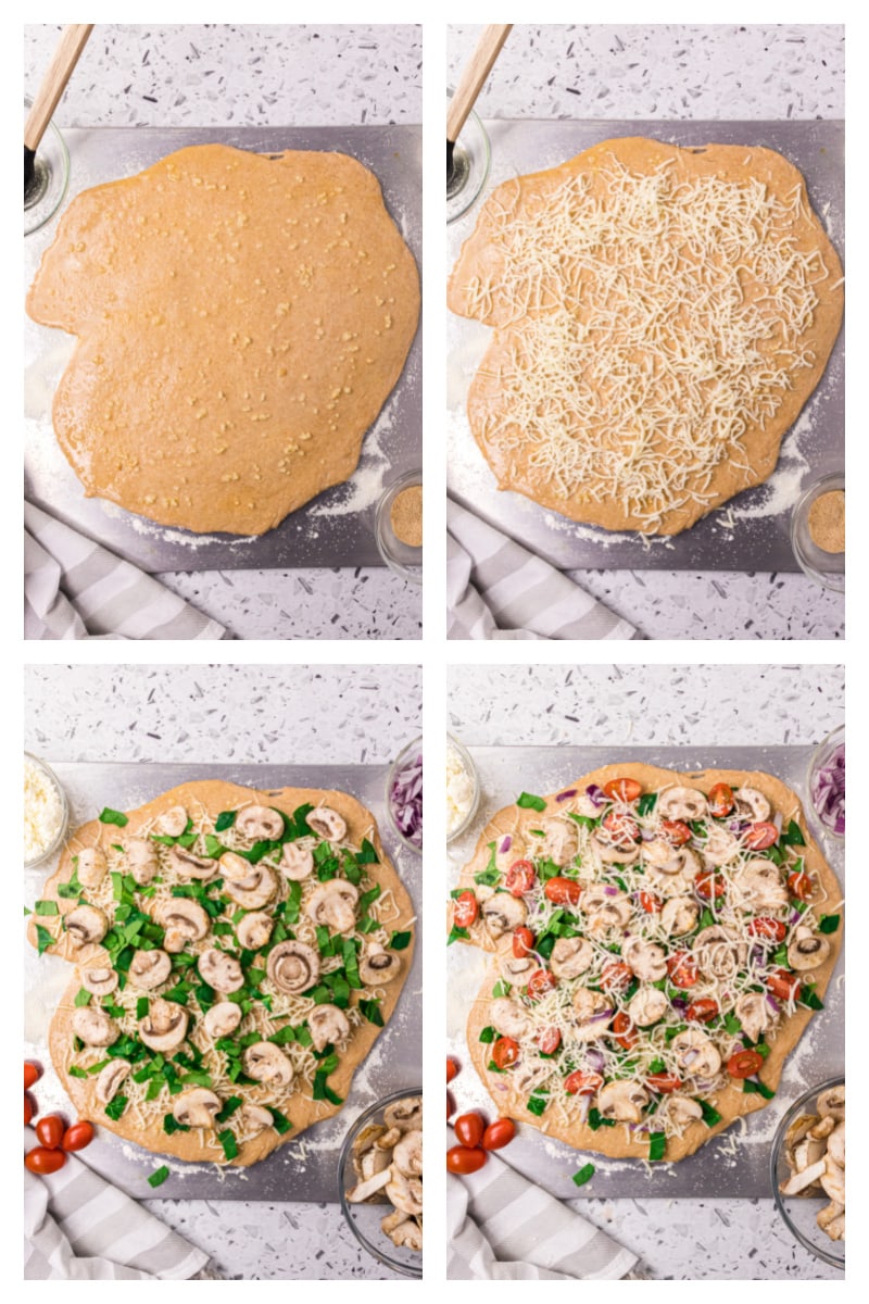 four photos showing how to assemble a spinach mushroom and feta pizza