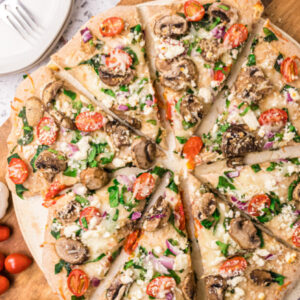pinterest image for spinach mushroom and feta pizza