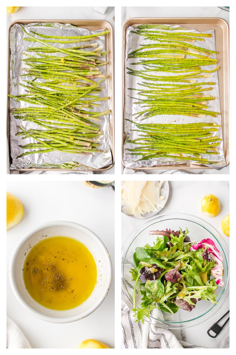 four photos showing roasting asparagus on baking sheet and salad dressing and tossed salad
