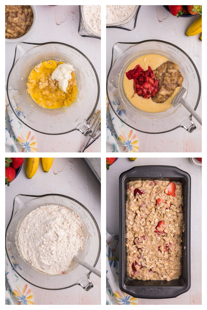 four photos showing how to make strawberry oatmeal banana bread