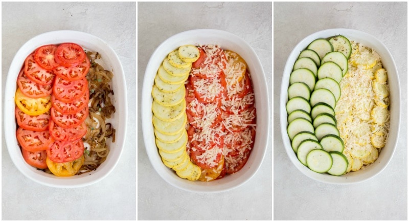 three photos showing the process of how to make a summer gratin layering squash and onions and cheese