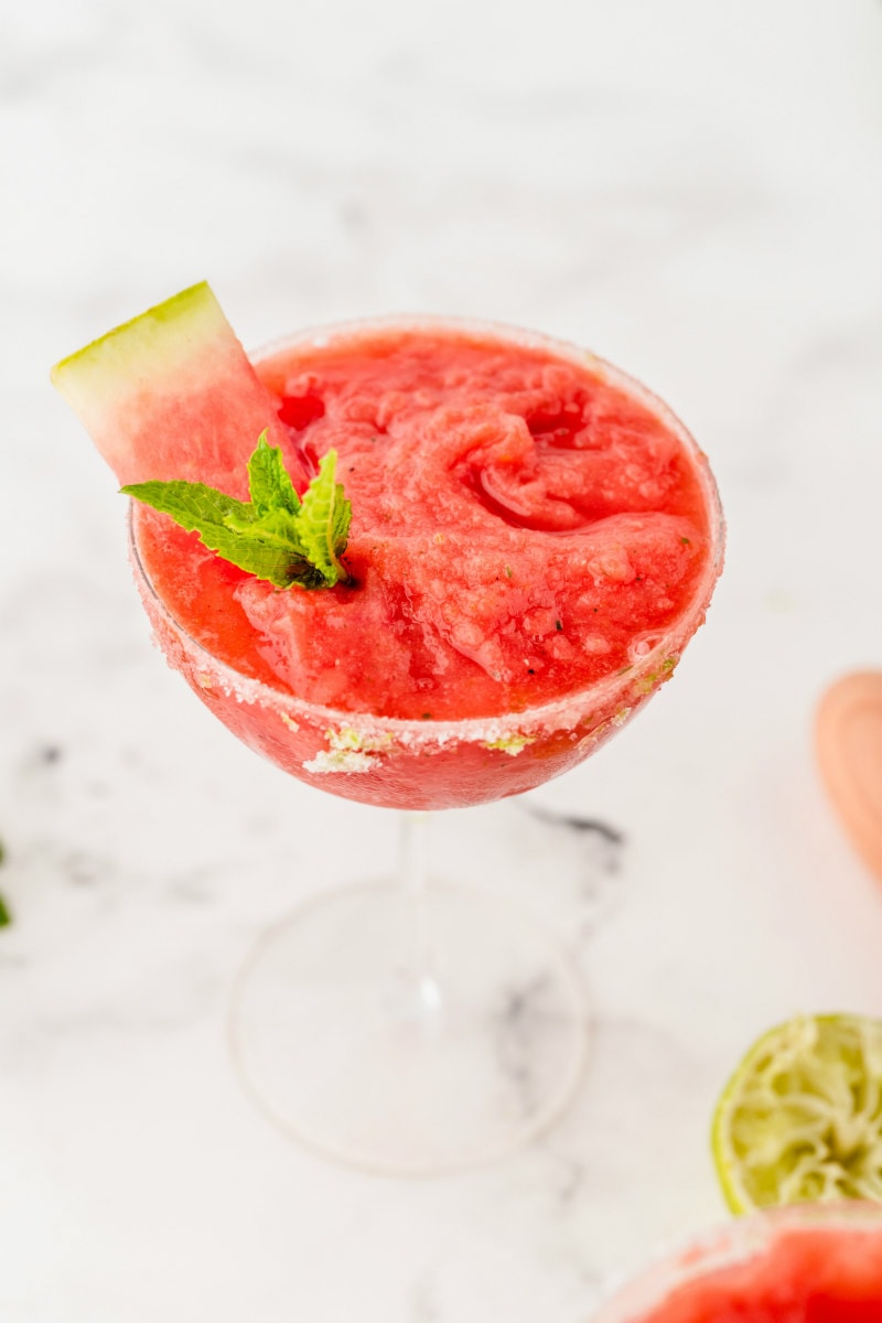 watermelon mint margarita garnished with mint and watermelon