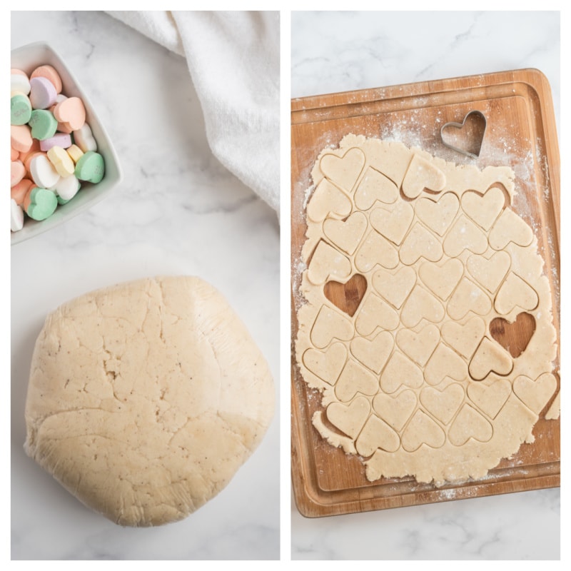 sugar cookie dough and rolled out with heart shapes cut out