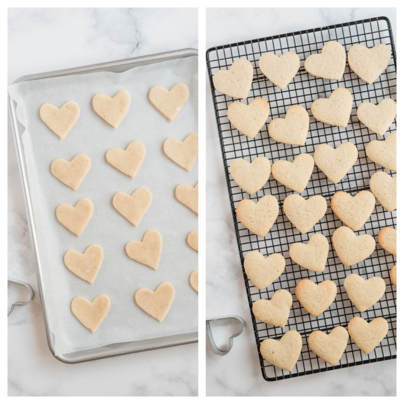 heart sugar cookies on baking sheet and baked on cooling rack