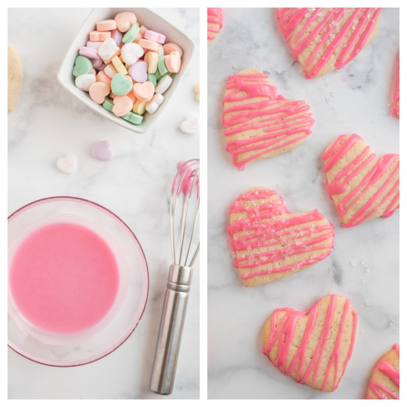 pink glaze and drizzle on heart sugar cookies