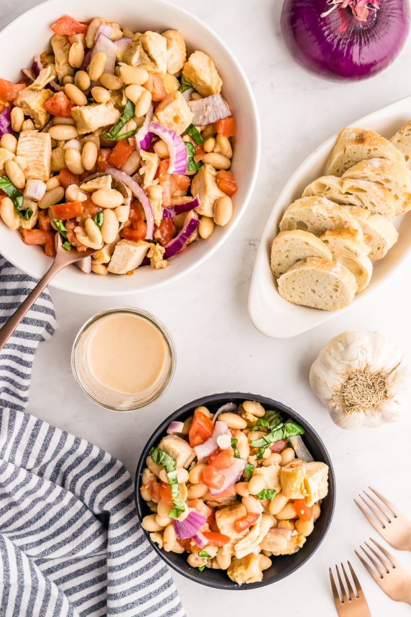 serving of white bean and roasted chicken salad in bowl