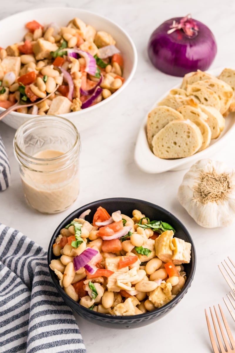 White Bean and Roasted Chicken Salad recipe from RecipeGirl.com #whitebeans #cannellini #beans #roastedchicken #rotisseriechicken #chicken #salad #recipe #RecipeGirl serving of white bean and roasted chicken salad