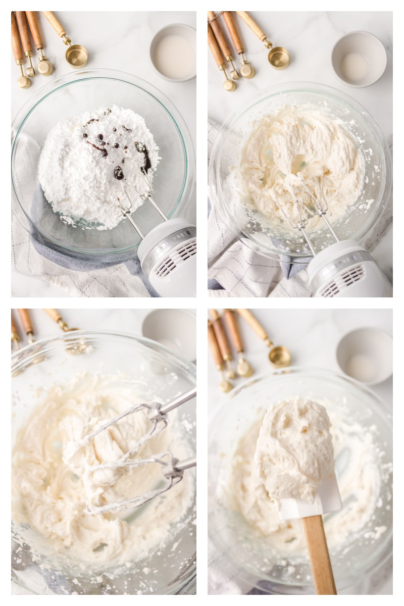 four photos showing how to make white buttercream icing