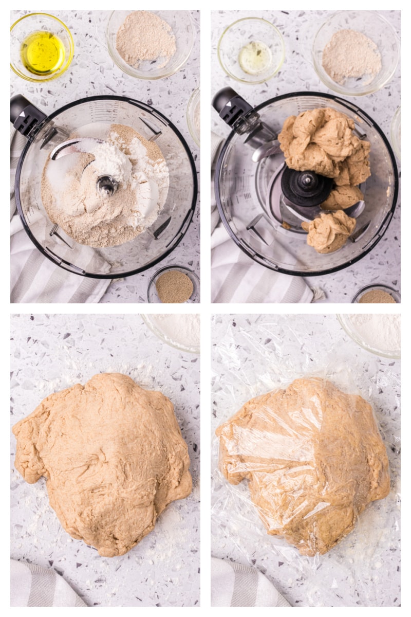 four photos showing how to make whole wheat pizza dough in food processor and then on floured surface