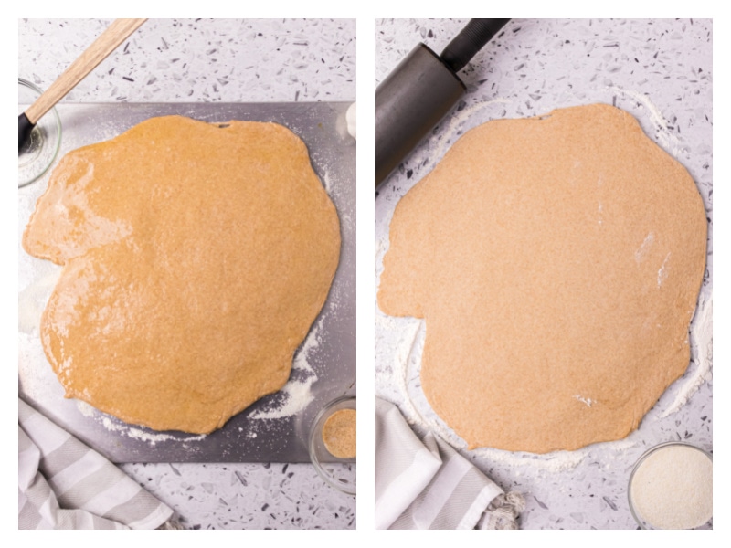 two photos showing rolled out pizza dough