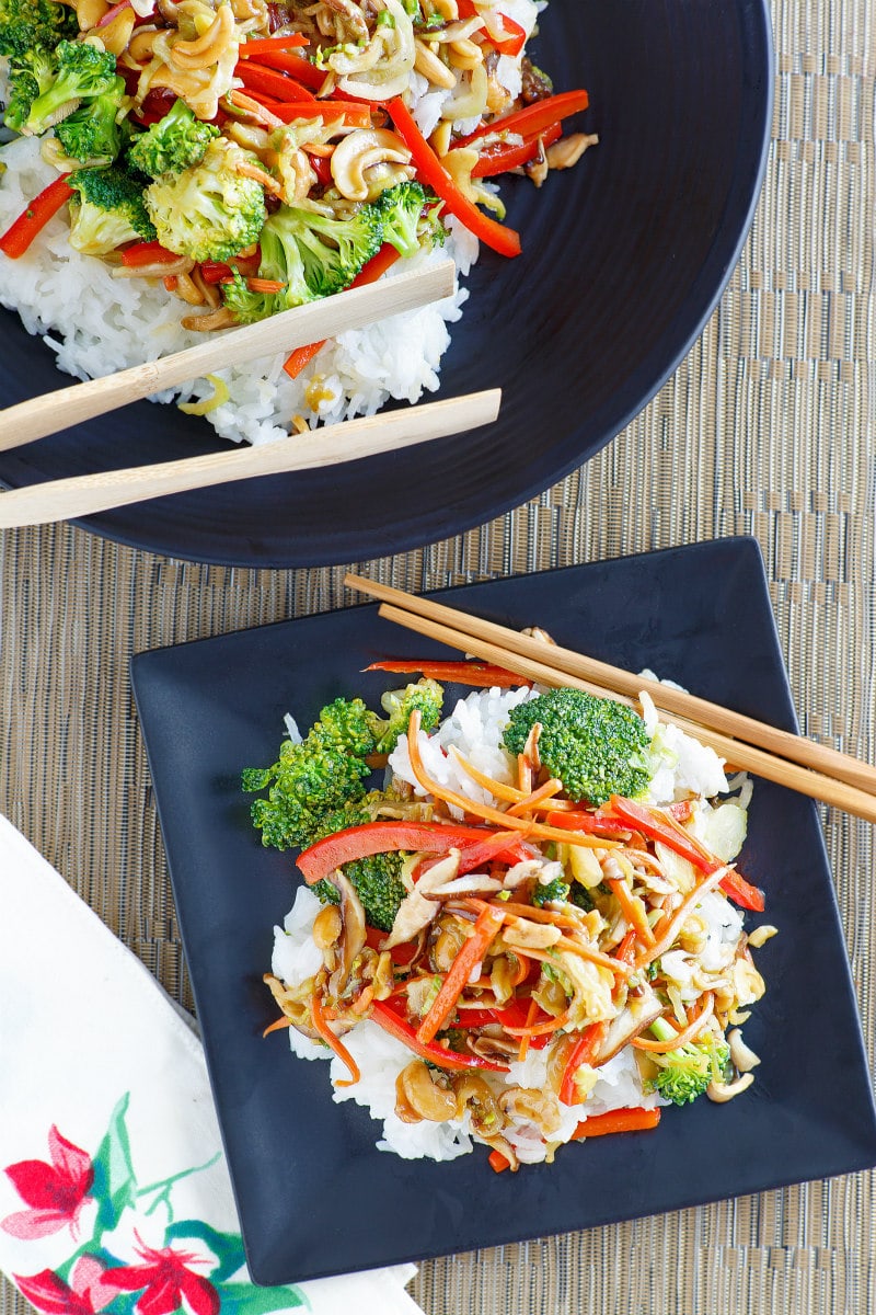 Easy Asian Vegetable Stir Fry recipe from RecipeGirl.com #easy #asian #vegetable #vegetarian #vegan #stir #fry #stirfry #recipe #RecipeGirl serving of Asian Vegetable Stir Fry