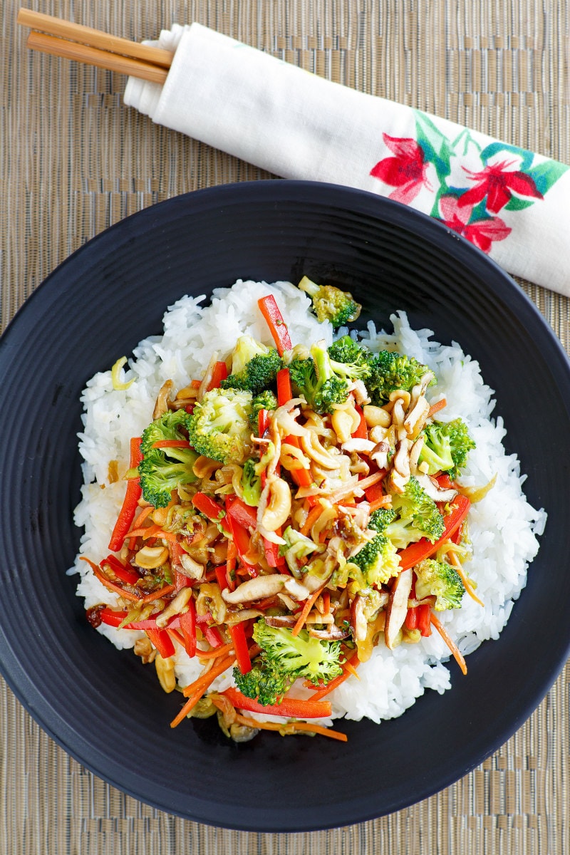 Easy Asian Vegetable Stir Fry recipe from RecipeGirl.com #easy #asian #vegetable #vegetarian #vegan #stir #fry #stirfry #recipe #RecipeGirl Asian Vegetable Stir Fry served over rice