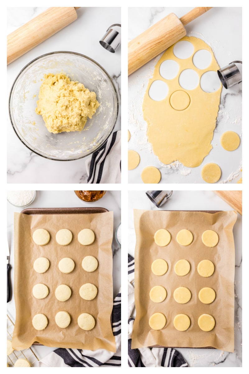 four photos showing how to make dough and base cookies for alfajores