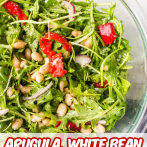 pinterest image for arugula, white bean and roasted red pepper salad