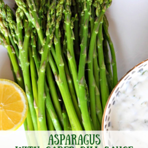 pinterest image for asparagus with caper dill sauce