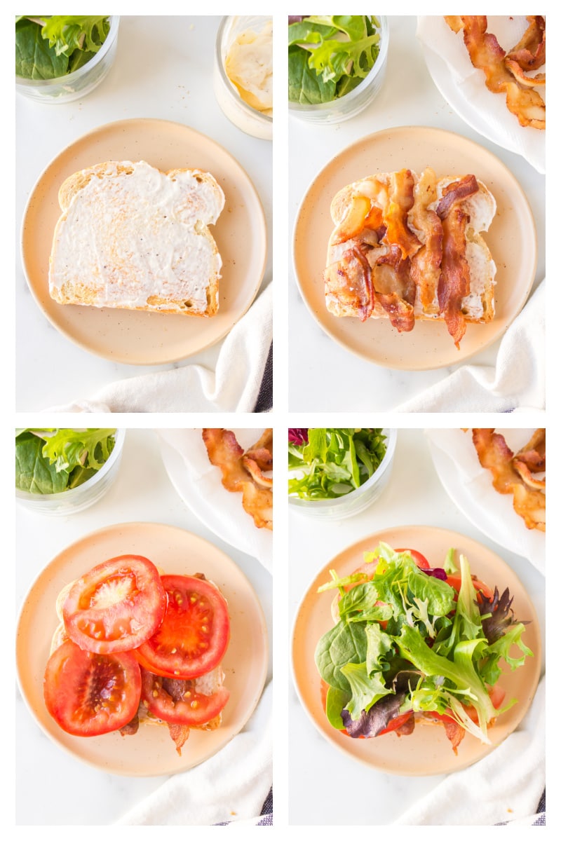 four photos showing how to assemble a BLT sandwich