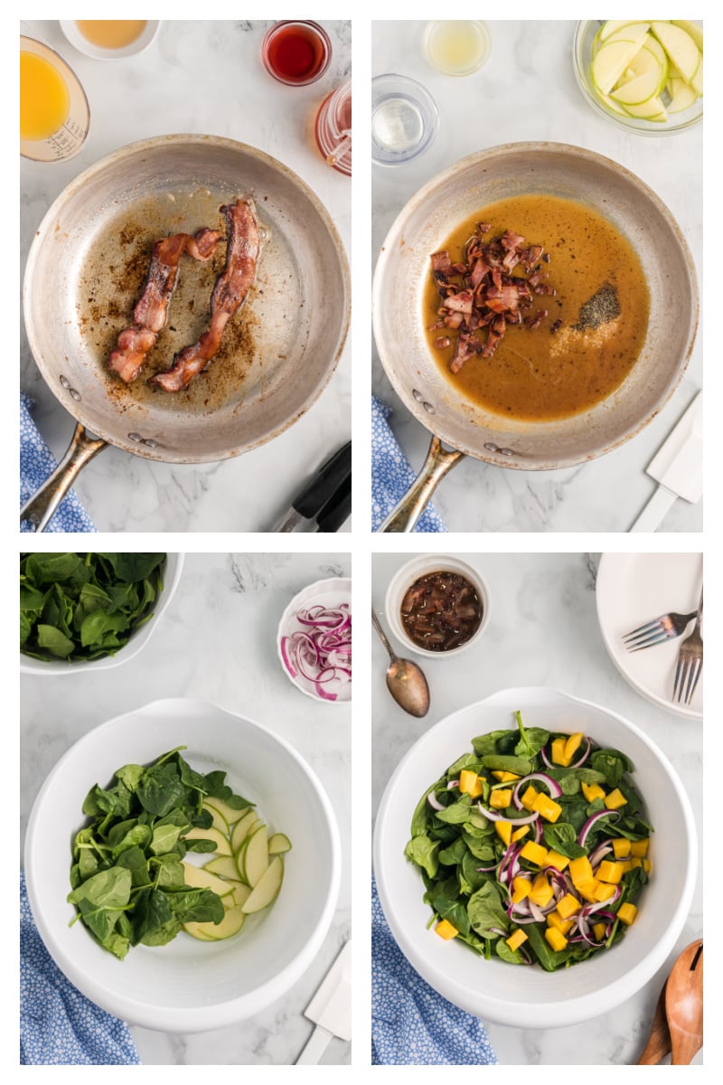 four photos showing how to assemble baby spinach salad with warm citrus bacon vinaigrette