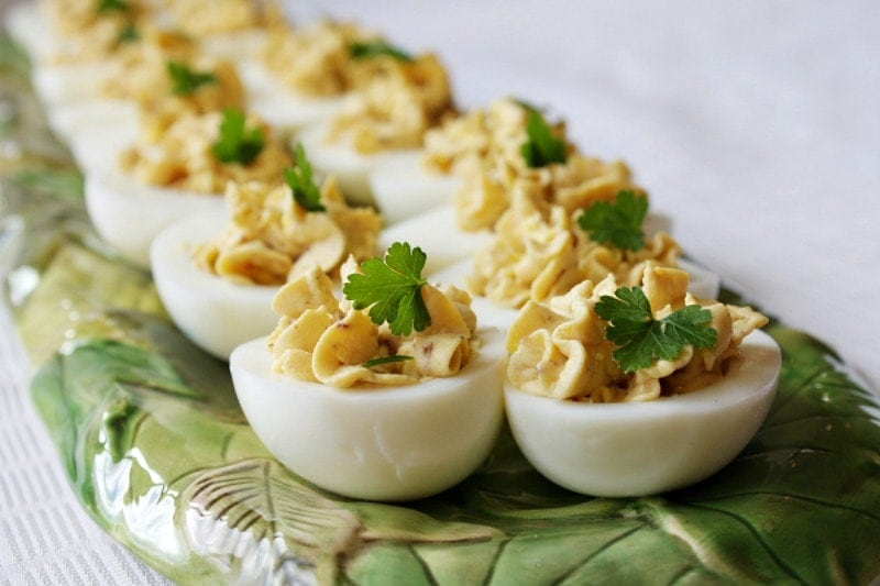 Bacon Balsamic Deviled Eggs recipe from RecipeGirl.com #bacon #balsamic #deviled #eggs #deviledeggs #Easter #party #appetizer #recipe #RecipeGirl Bacon Balsamic Deviled Eggs