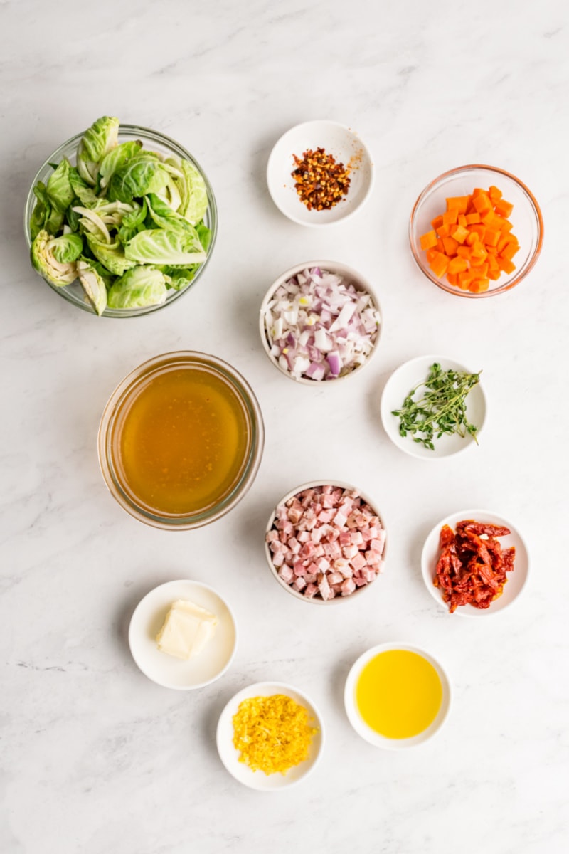 ingredients displayed for making lemon brussels sprouts