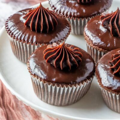 platter of chocolate ganache cupcakes