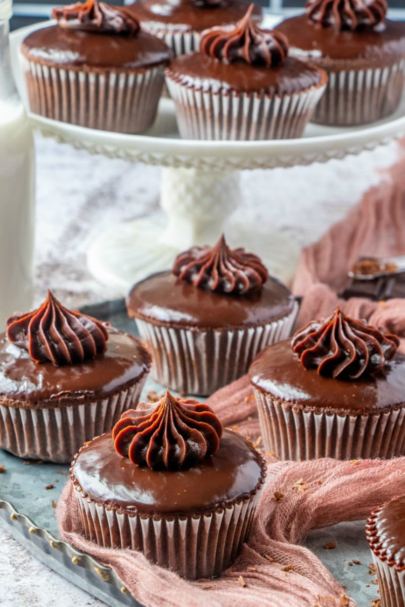 decorative display of chocolate ganache cupcakes