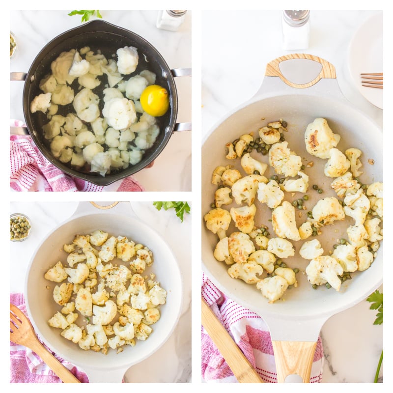three photos showing how to make cauliflower with capers