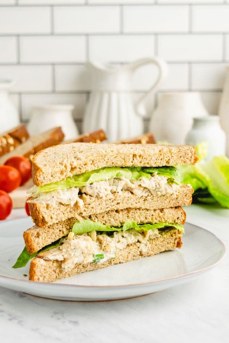 chicken salad sandwich cut in half and stacked