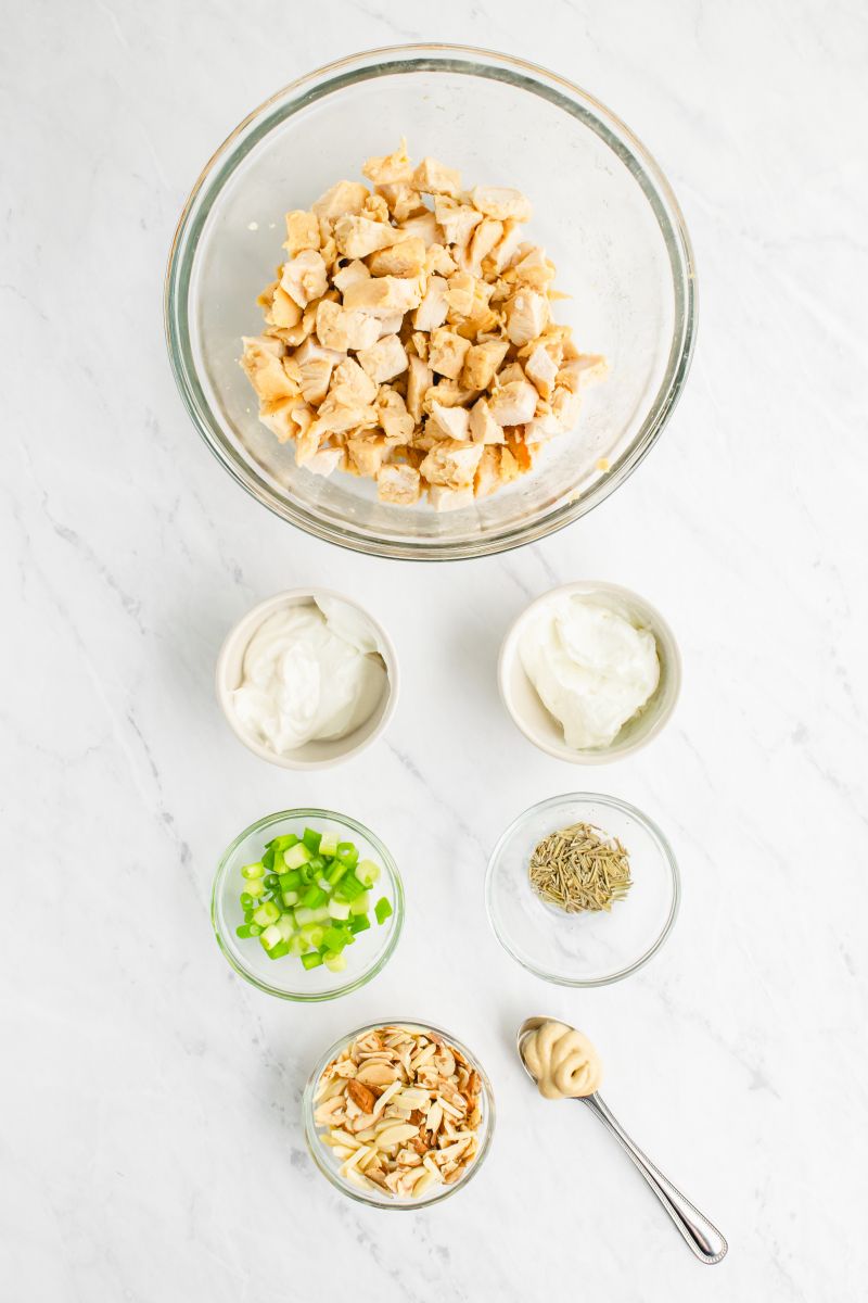 ingredients displayed for chicken almond salad sandwiches