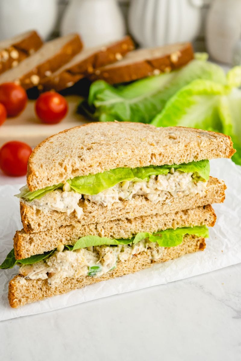 chicken salad sandwich cut in half and stacked