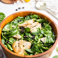 wooden bowl of chicken florentine salad