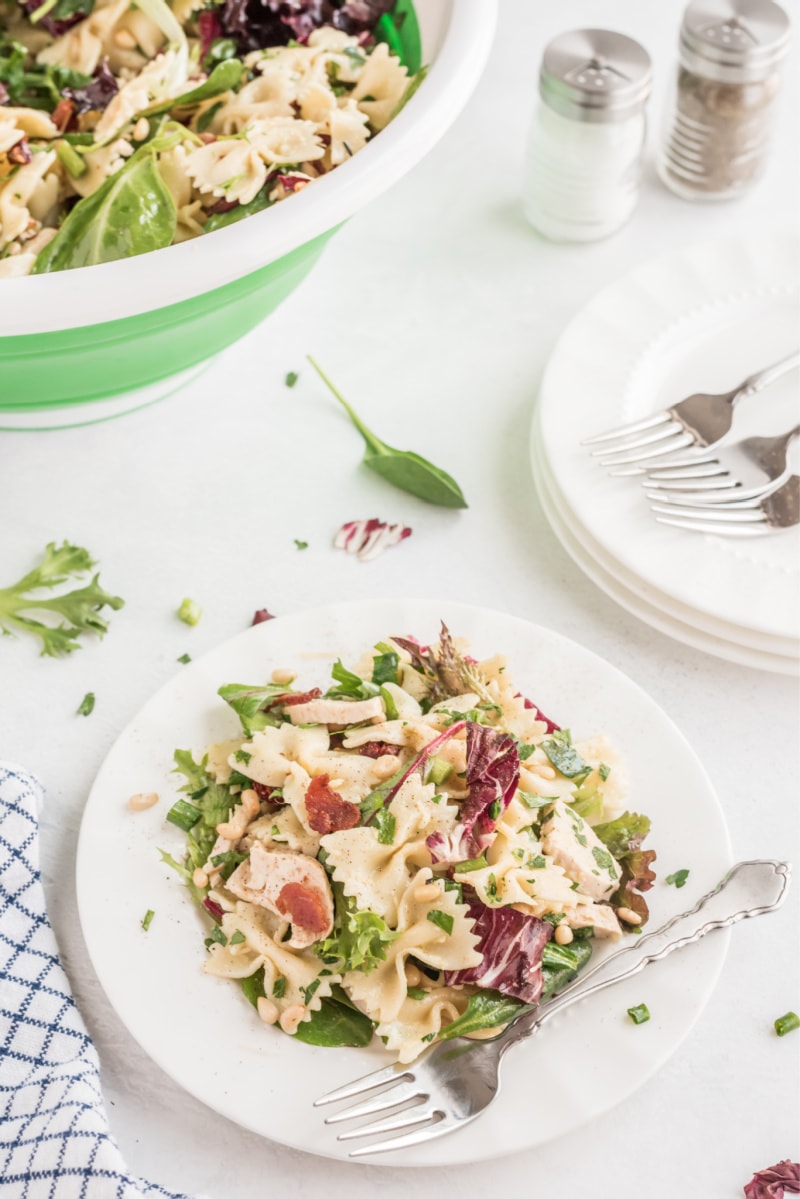 serving of chicken pasta salad on white plate