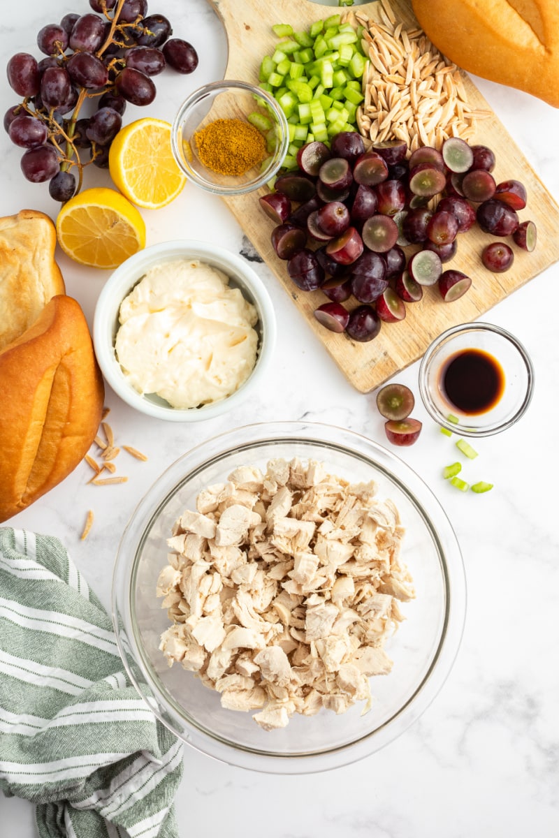 ingredients displayed for making chicken salad for sandwiches