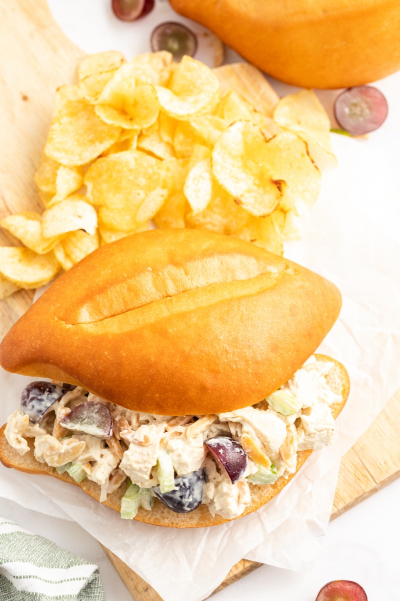 chicken salad sandwich with potato chips