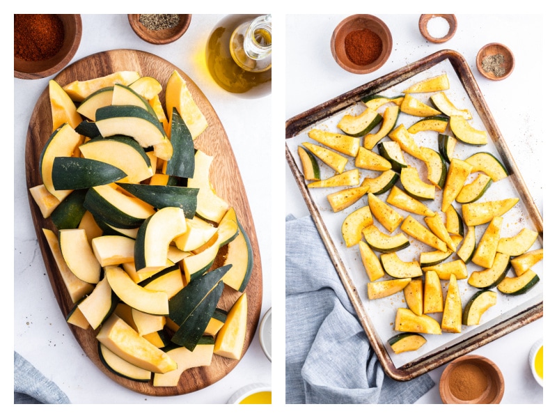two photos showing cut acorn squash and then roasted on pan